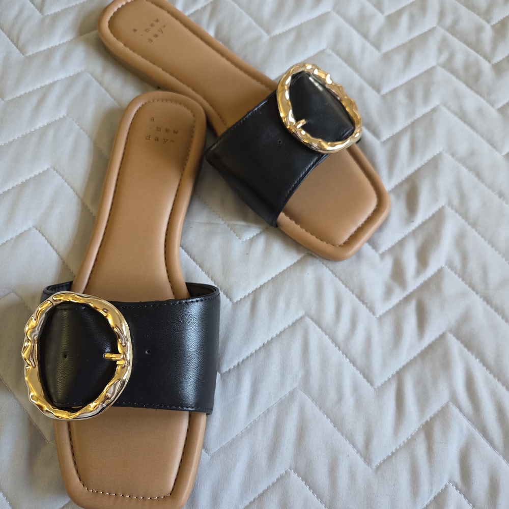 a new day Black Slide Sandals with Gold Buckle
